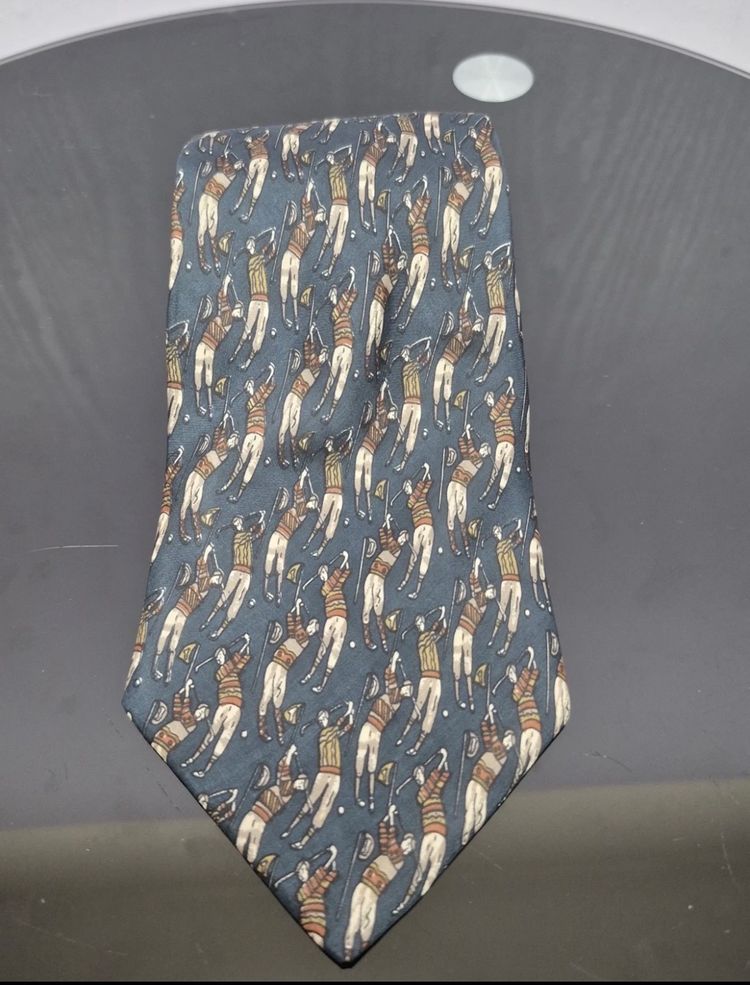 Adam & Eve Pure Silk Tie Teal Blue Vintage Golfer Golf Pattern Italian Design image 4