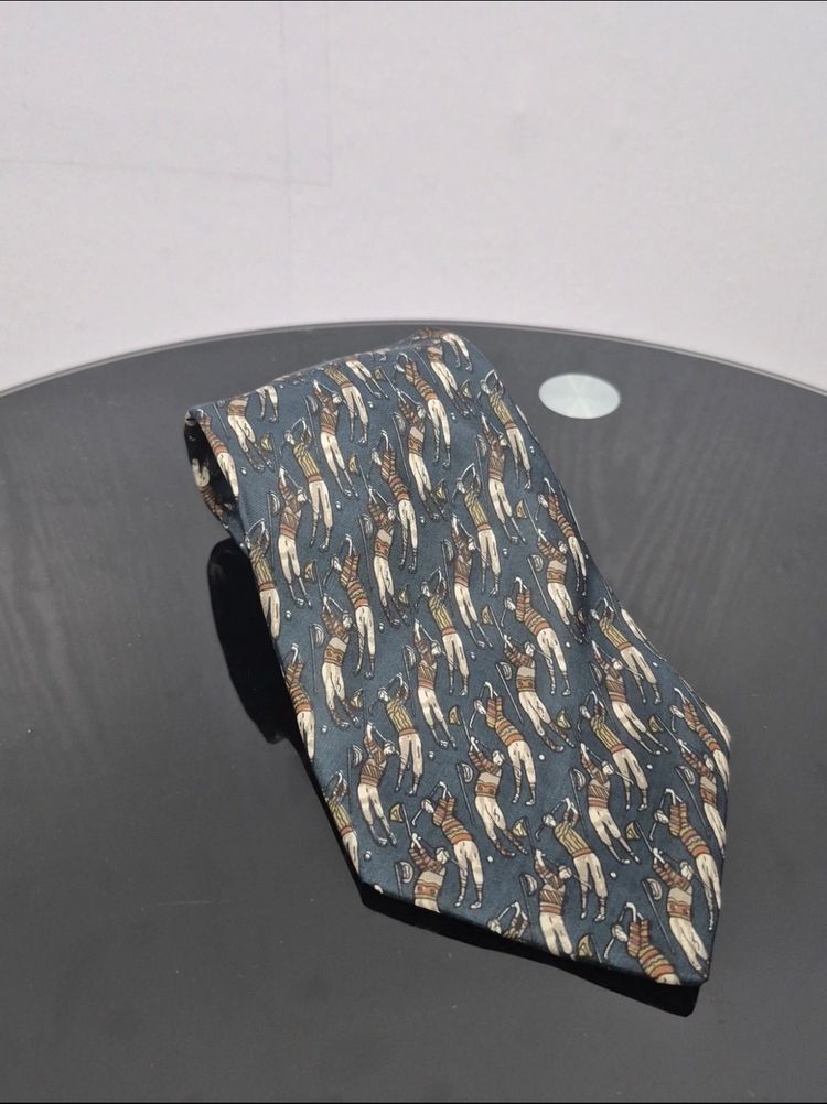 Adam & Eve Pure Silk Tie Teal Blue Vintage Golfer Golf Pattern Italian Design