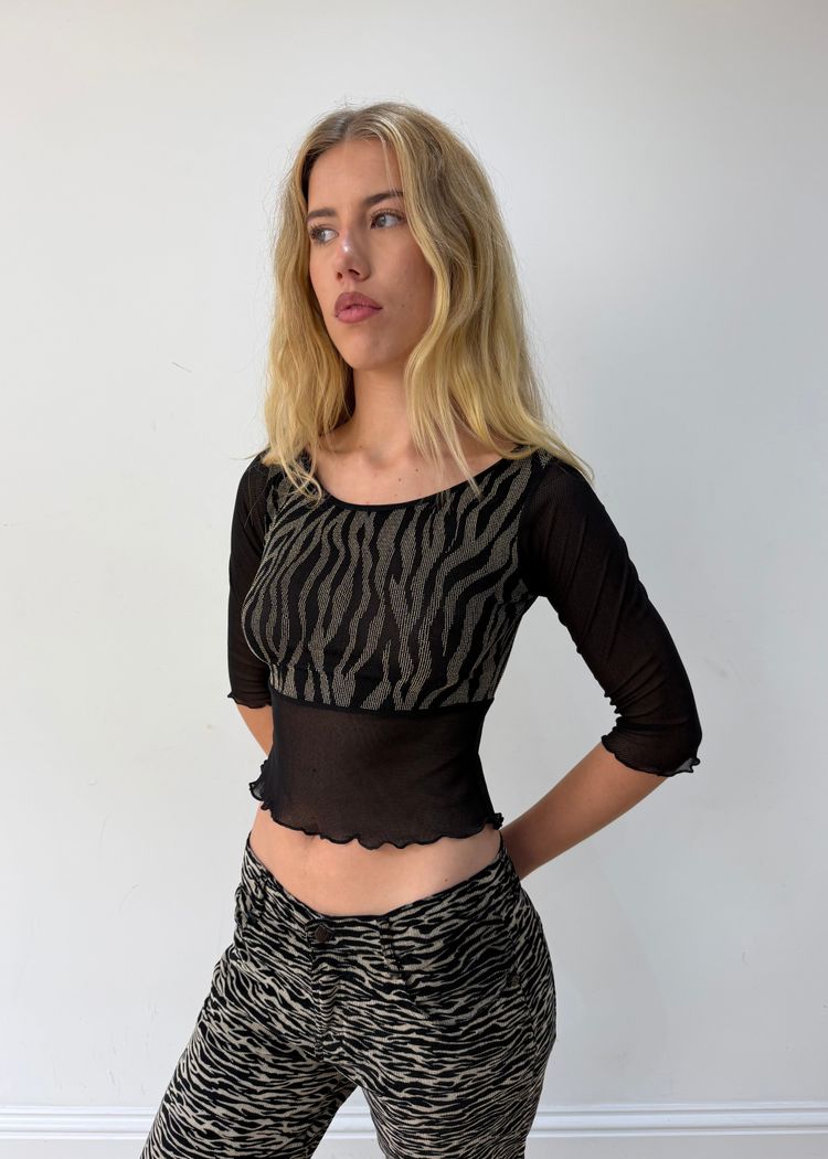 small zebra pattern mesh sleeve top image 2