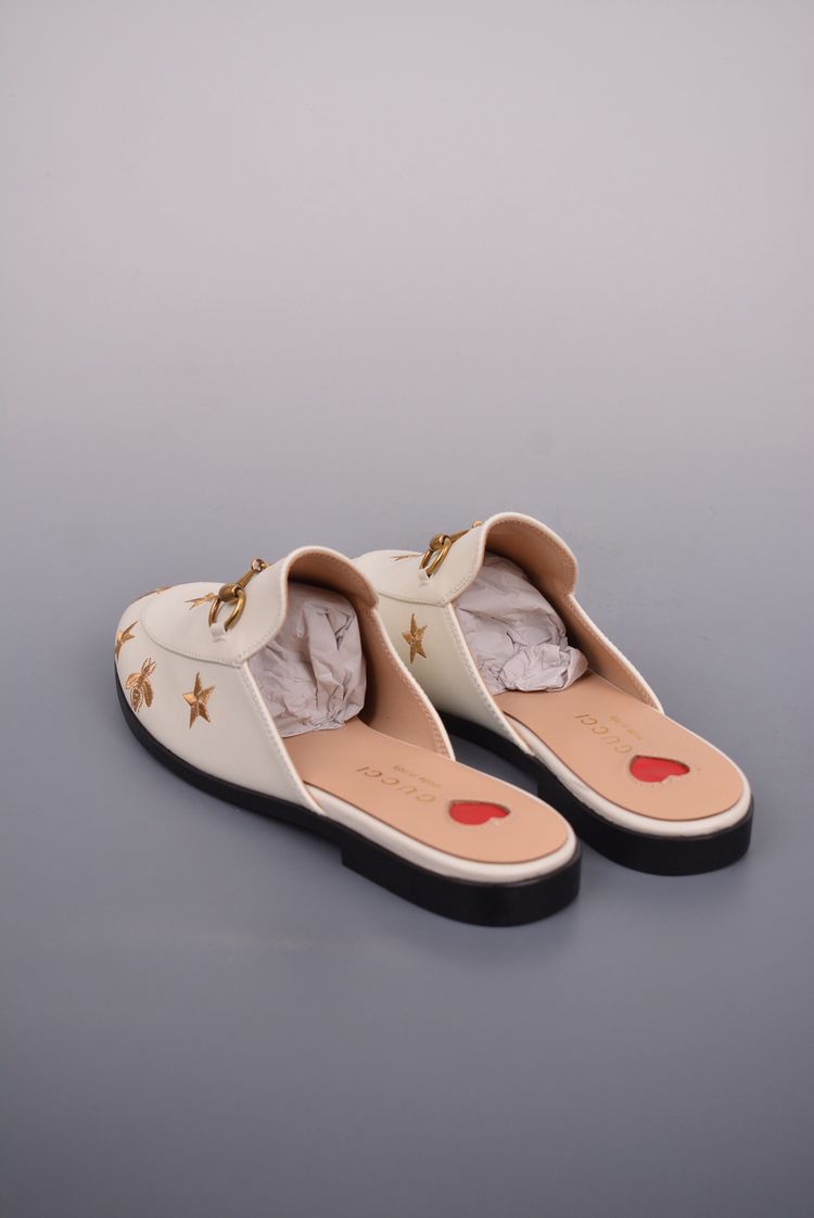 Gucci White Leather Slip-On Mules With Gold Embroidery image 2