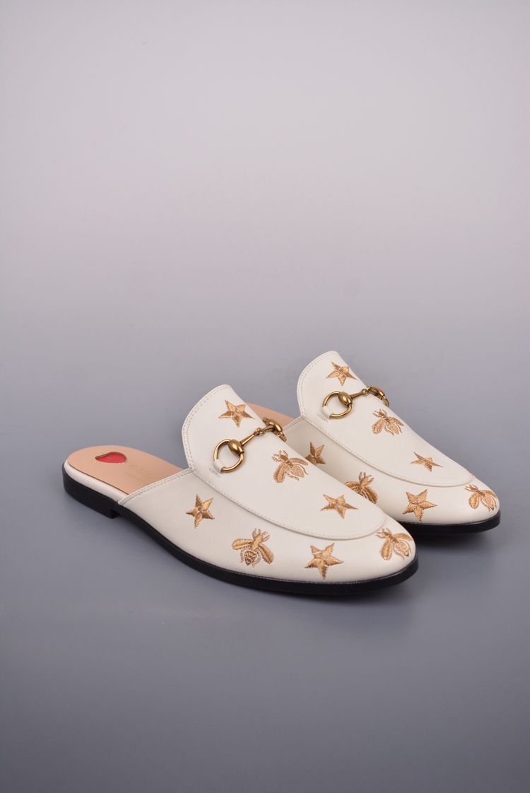 Gucci Gucci White Leather Slip-On Mules With Gold Embroidery product image