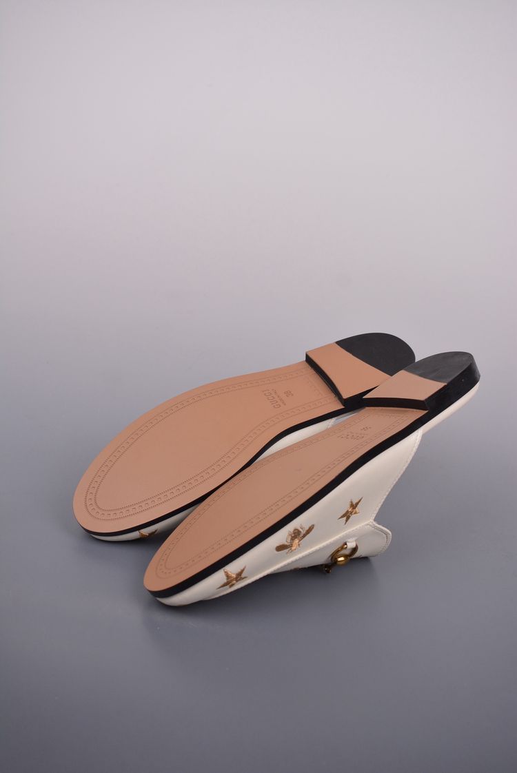 Gucci White Leather Slip-On Mules With Gold Embroidery image 3