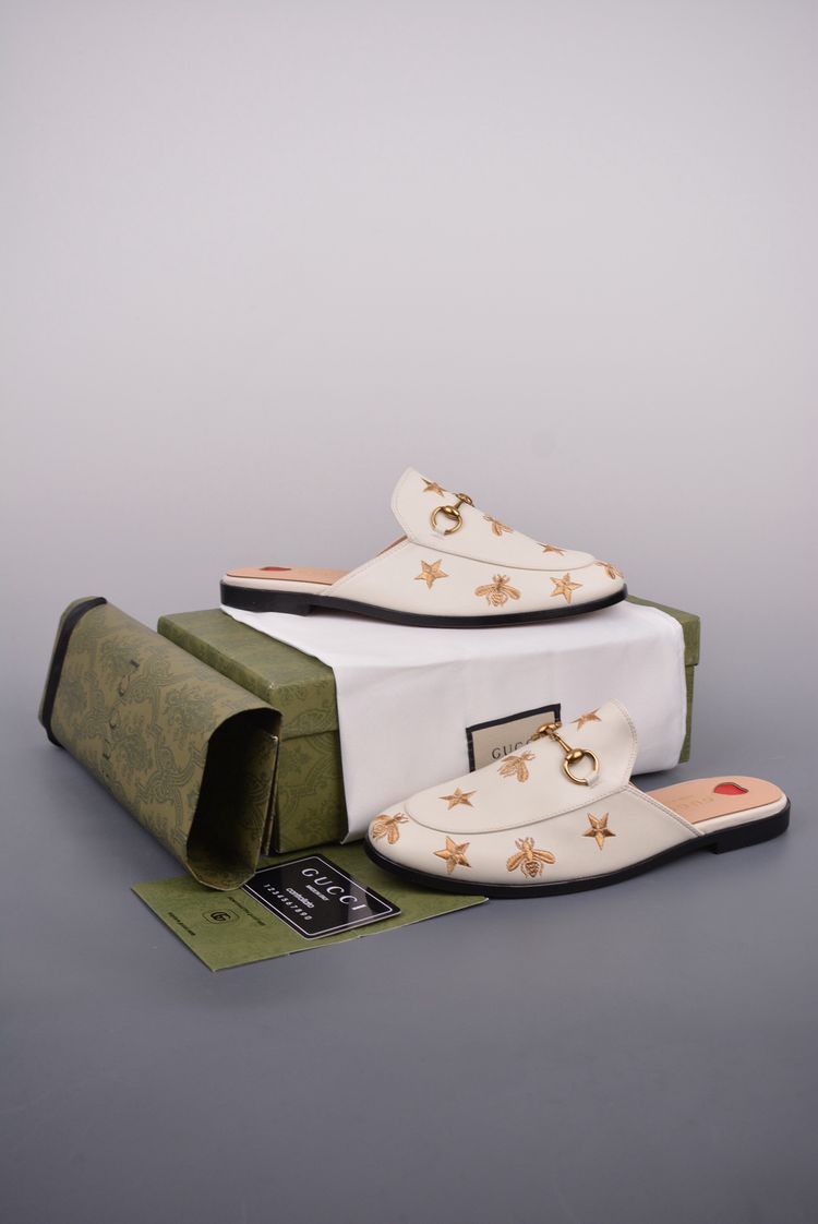 Gucci White Leather Slip-On Mules With Gold Embroidery image 4