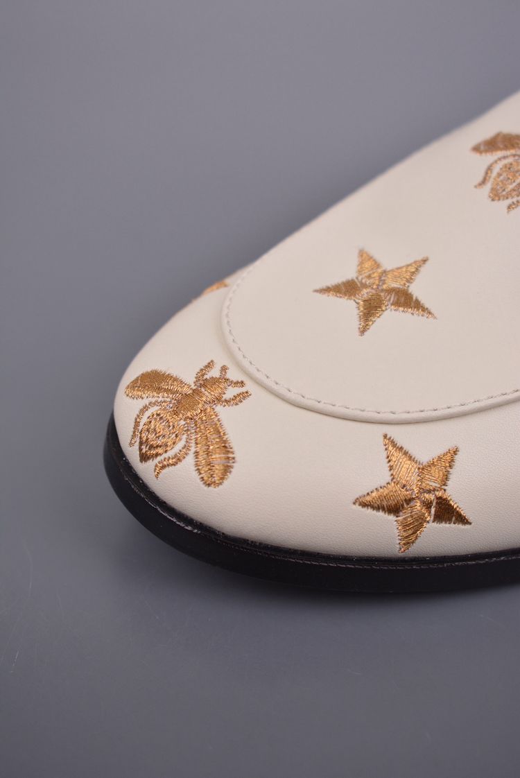 Gucci White Leather Slip-On Mules With Gold Embroidery image 8