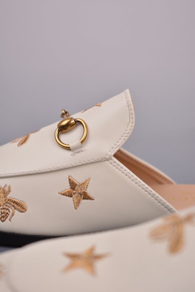 Gucci White Leather Slip-On Mules With Gold Embroidery image 7