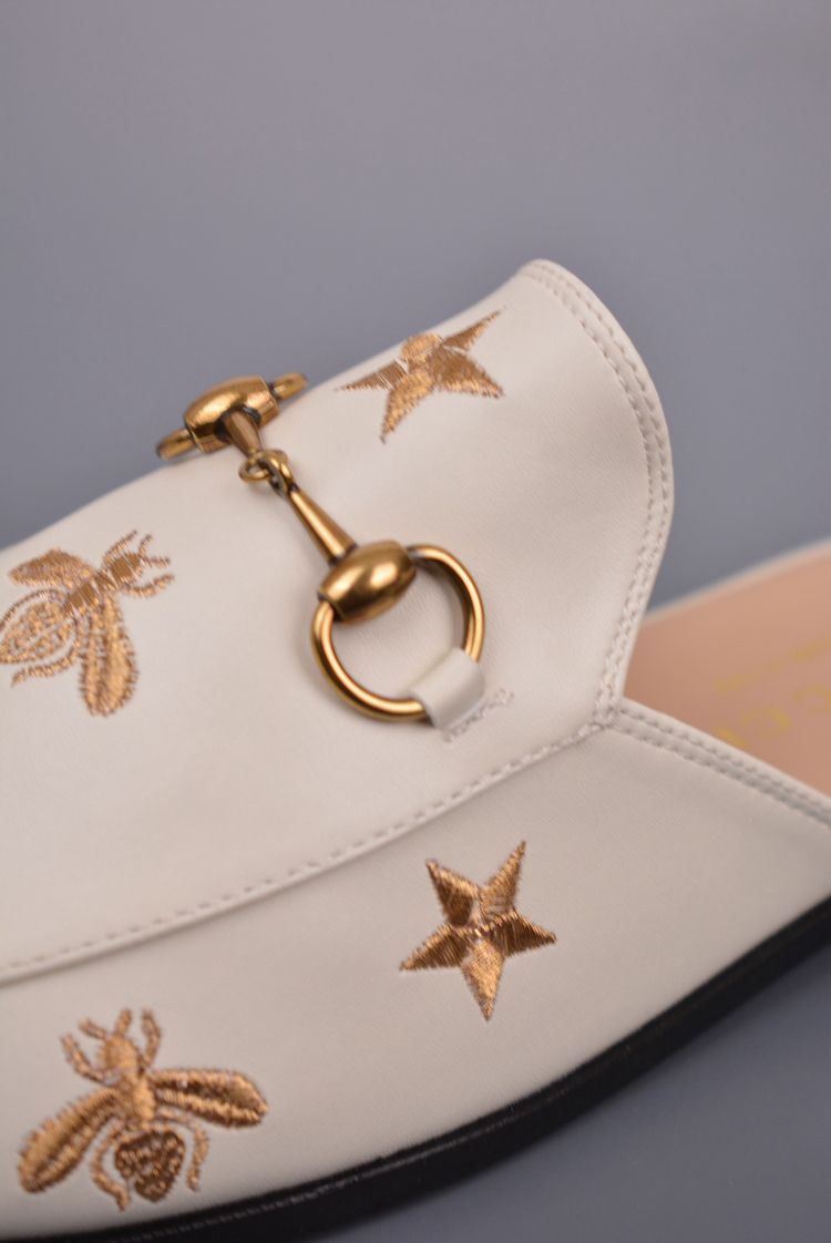 Gucci White Leather Slip-On Mules With Gold Embroidery image 6