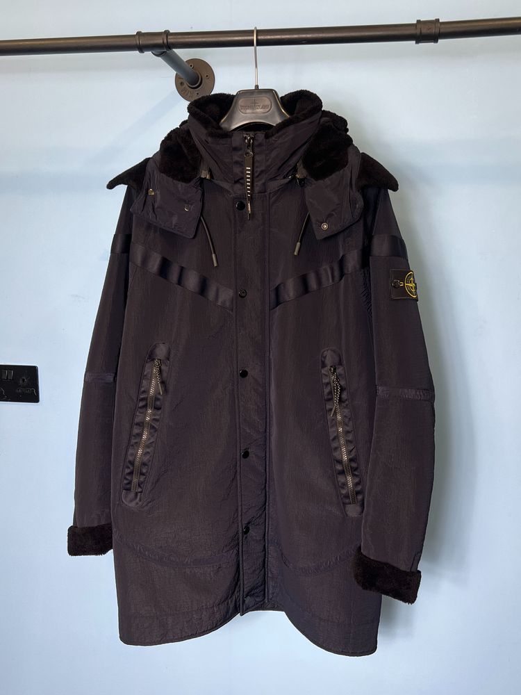 RARE Medium Stone Island x Nike Navy Blue Jacquard Grid on Wool Fur Jacket Coat