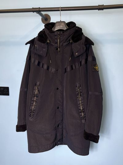 RARE Medium Stone Island x Nike Navy Blue Jacquard Grid on Wool Fur Jacket Coat