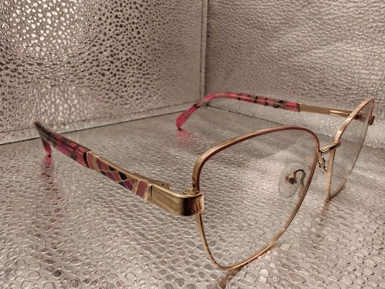 Gold Eyeglasses with Pink & Black Mosaic Temples | Squared Metal Frame Vintage Women | 54□16-140 image 4