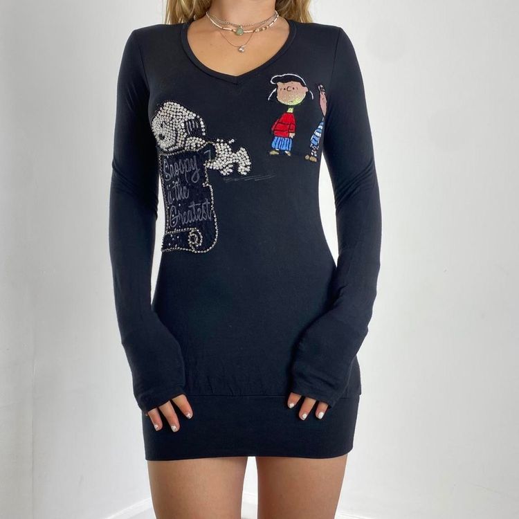 Black Long Sleeve Mini Dress With Snoopy And Peanuts Characters