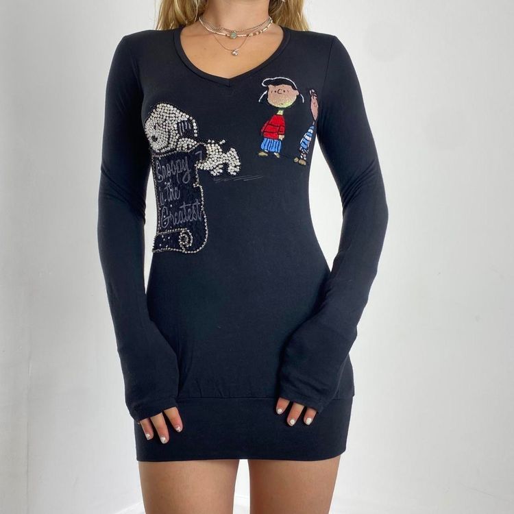 Black Long Sleeve Mini Dress With Snoopy And Peanuts Characters 2