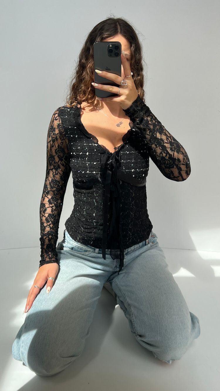 Other 00s black lace glitter top- size S product image