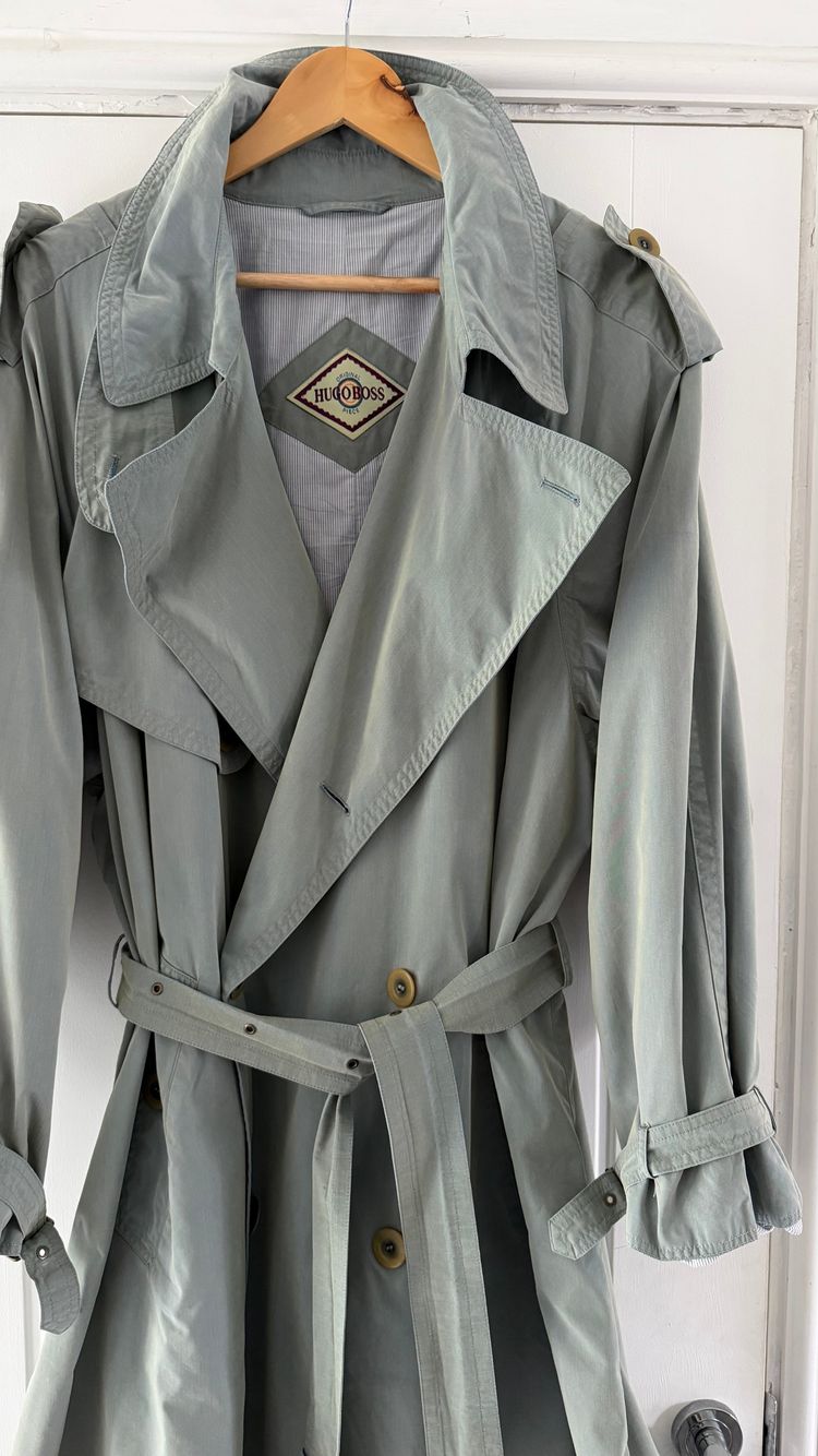 Hugo Boss 1980s Wool Cotton Steel Blue Trench Coat - Size L obraz 8