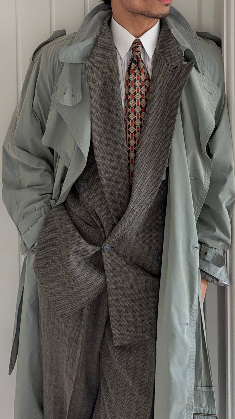Hugo Boss 1980s Wool Cotton Steel Blue Trench Coat - Size L obraz 9