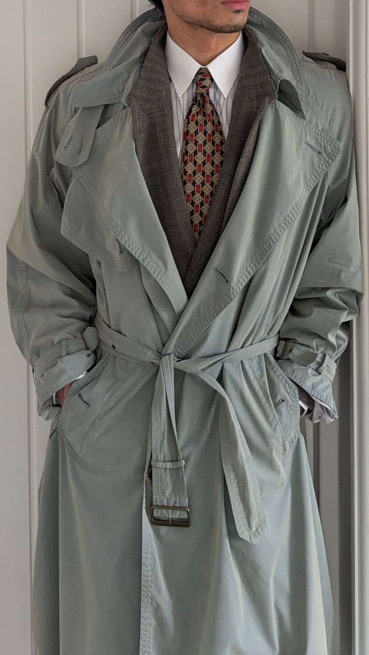 Hugo Boss 1980s Wool Cotton Steel Blue Trench Coat - Size L obraz 13