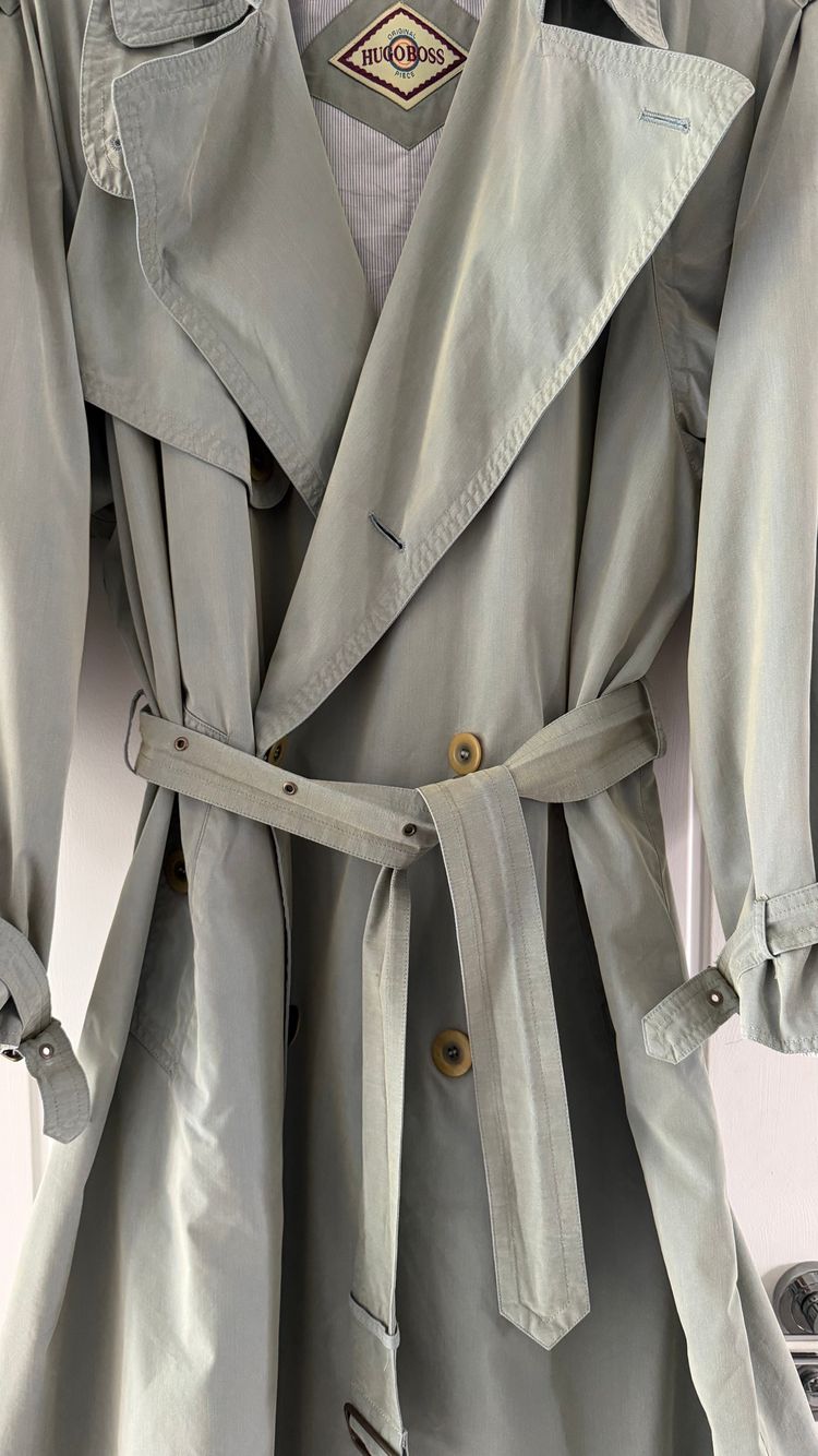 Hugo Boss 1980s Wool Cotton Steel Blue Trench Coat - Size L obraz 14