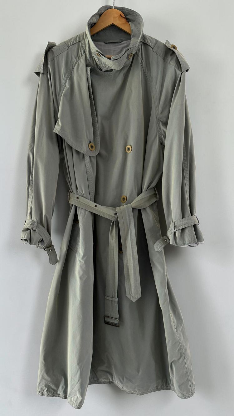 Hugo Boss 1980s Wool Cotton Steel Blue Trench Coat - Size L obraz 11