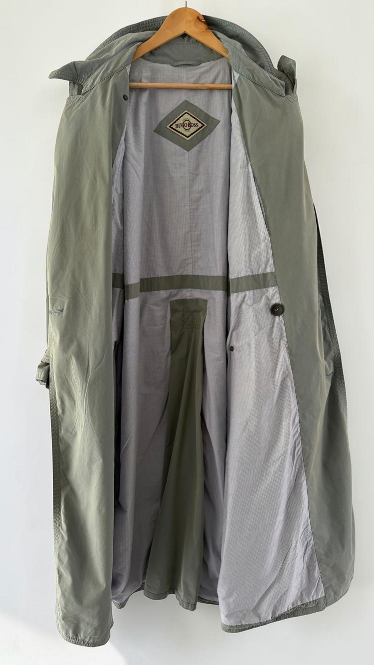 Hugo Boss 1980s Wool Cotton Steel Blue Trench Coat - Size L obraz 7