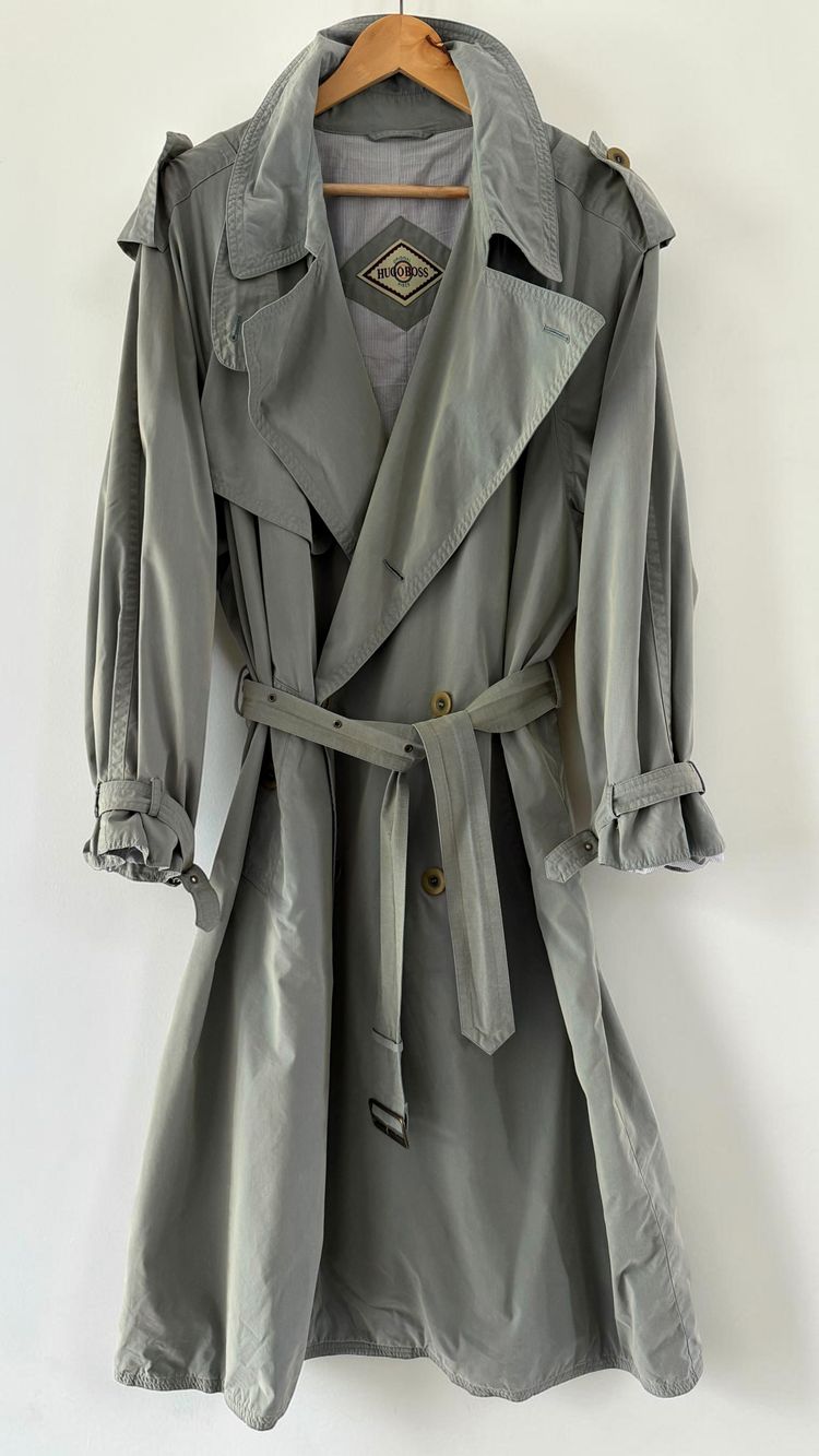 Hugo Boss 1980s Wool Cotton Steel Blue Trench Coat - Size L obraz 12