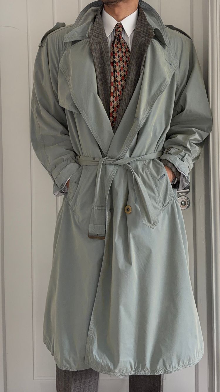 Hugo Boss 1980s Wool Cotton Steel Blue Trench Coat - Size L obraz 3