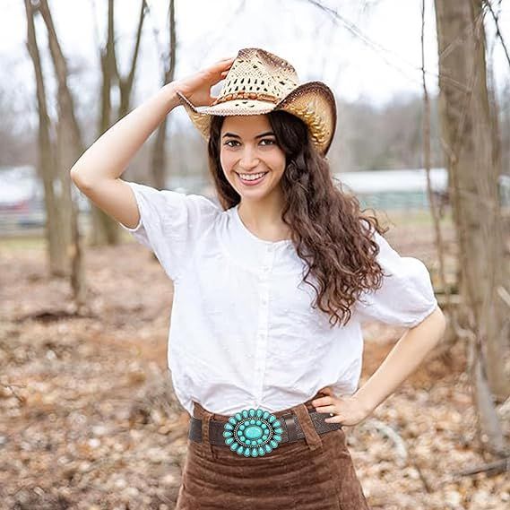 Brown Embossed Leather Belt With Turquoise Stone Buckle image 4