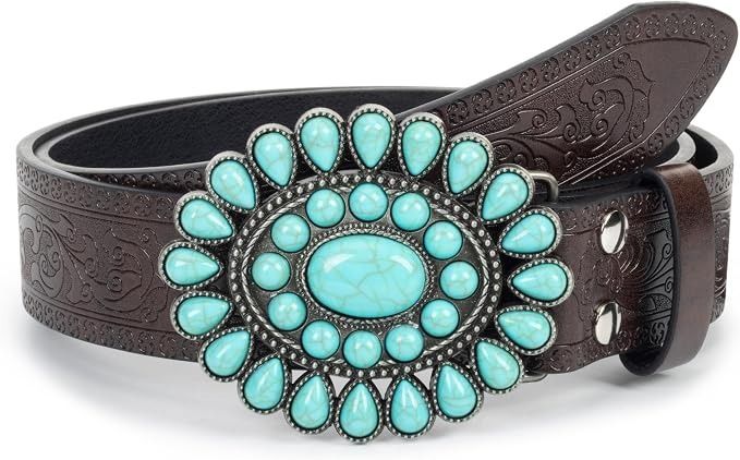Brown Embossed Leather Belt With Turquoise Stone Buckle image 1