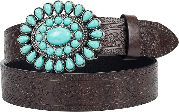 Brown Embossed Leather Belt With Turquoise Stone Buckle image 2