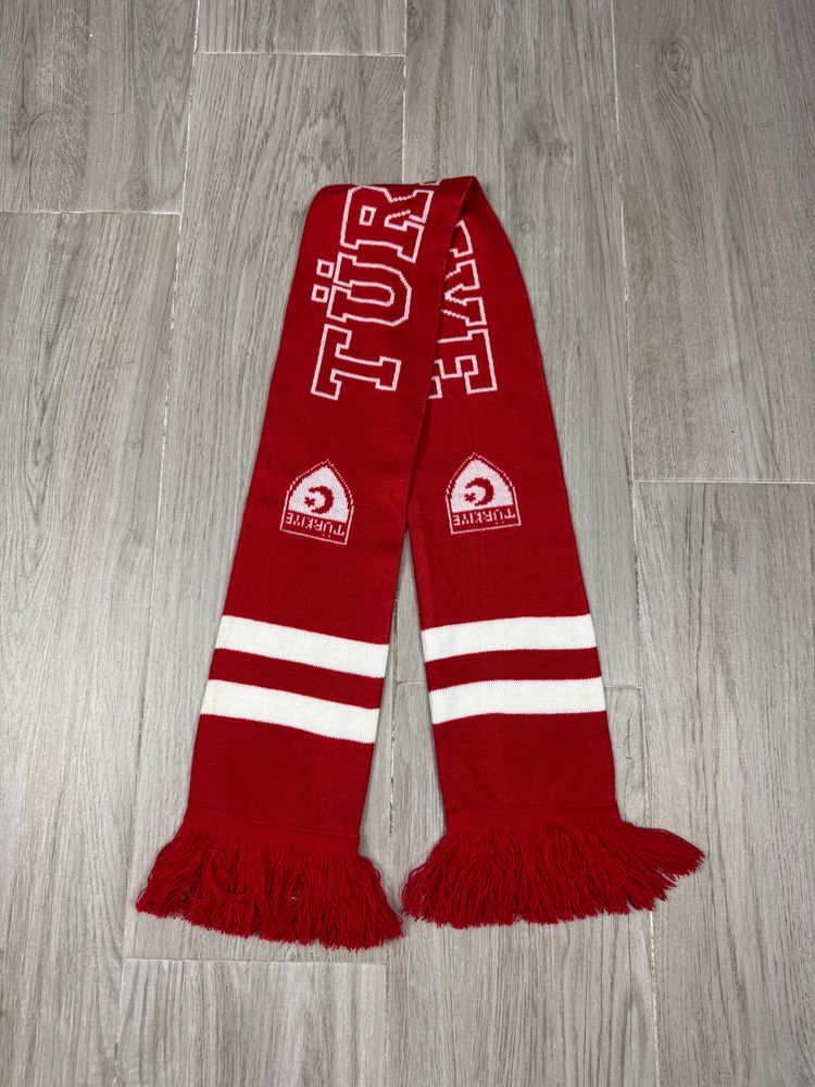 Red Scarf With White Stripes And Text image 1