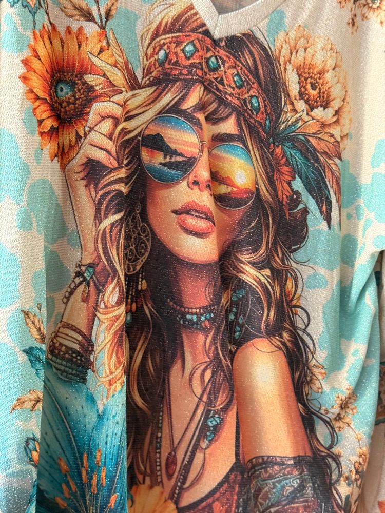 Long Sleeve V-Neck Top With Boho Woman Print image 6
