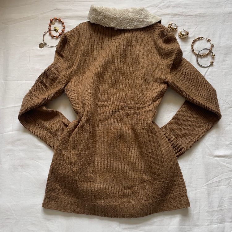Me Jane Women'S Brown Knit Jacket With Faux Fur Collar imagen 4