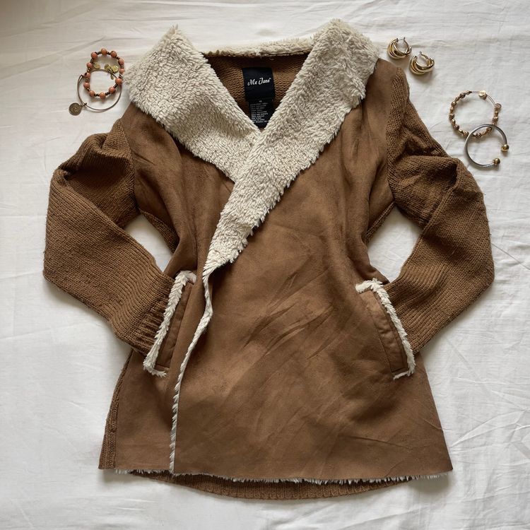 Me Jane Women'S Brown Knit Jacket With Faux Fur Collar imagen 3