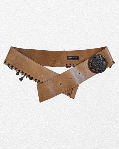 MADE IN ITALY Genuine Brown Leather Belt With Decorative Buckle