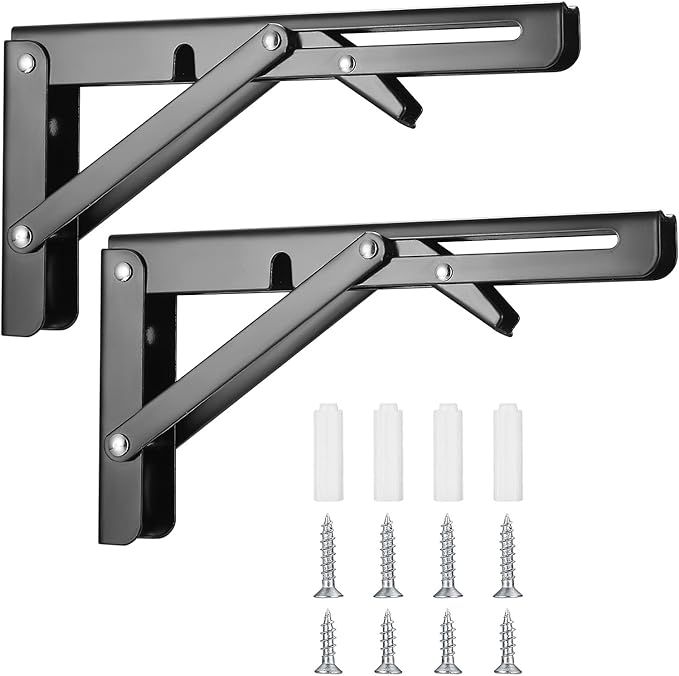 Black Metal Folding Shelf Brackets With Screws And Wall Plugs