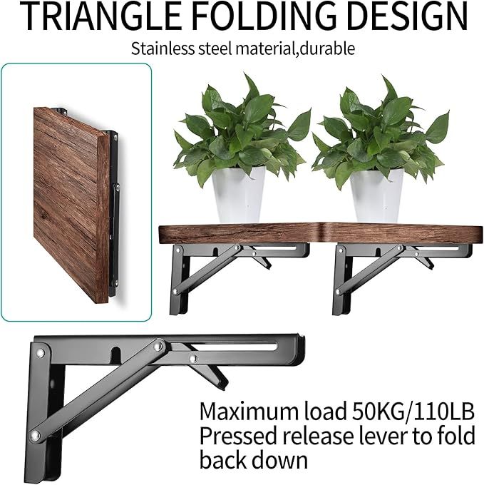 Black Metal Folding Shelf Brackets With Screws And Wall Plugs 4