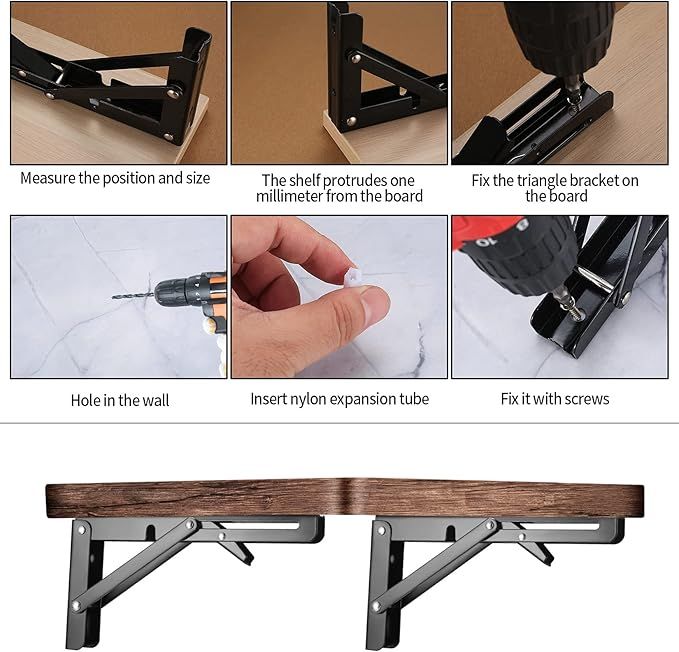 Black Metal Folding Shelf Brackets With Screws And Wall Plugs 2