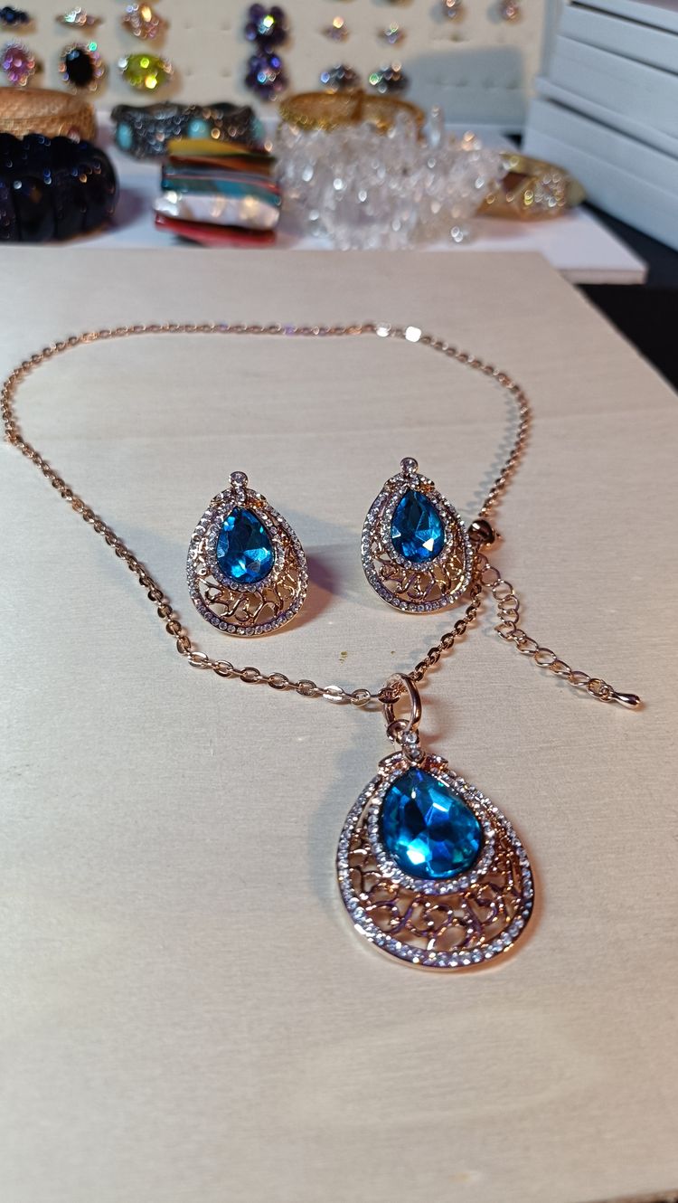 Blue Stone Necklace And Earrings Set