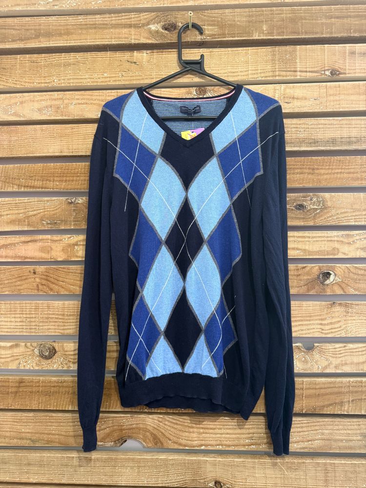 Vintage 90s Tommy Hilfiger argyle v neck cotton cashmere jumper/ sweater. Blue. Size Medium. image 1