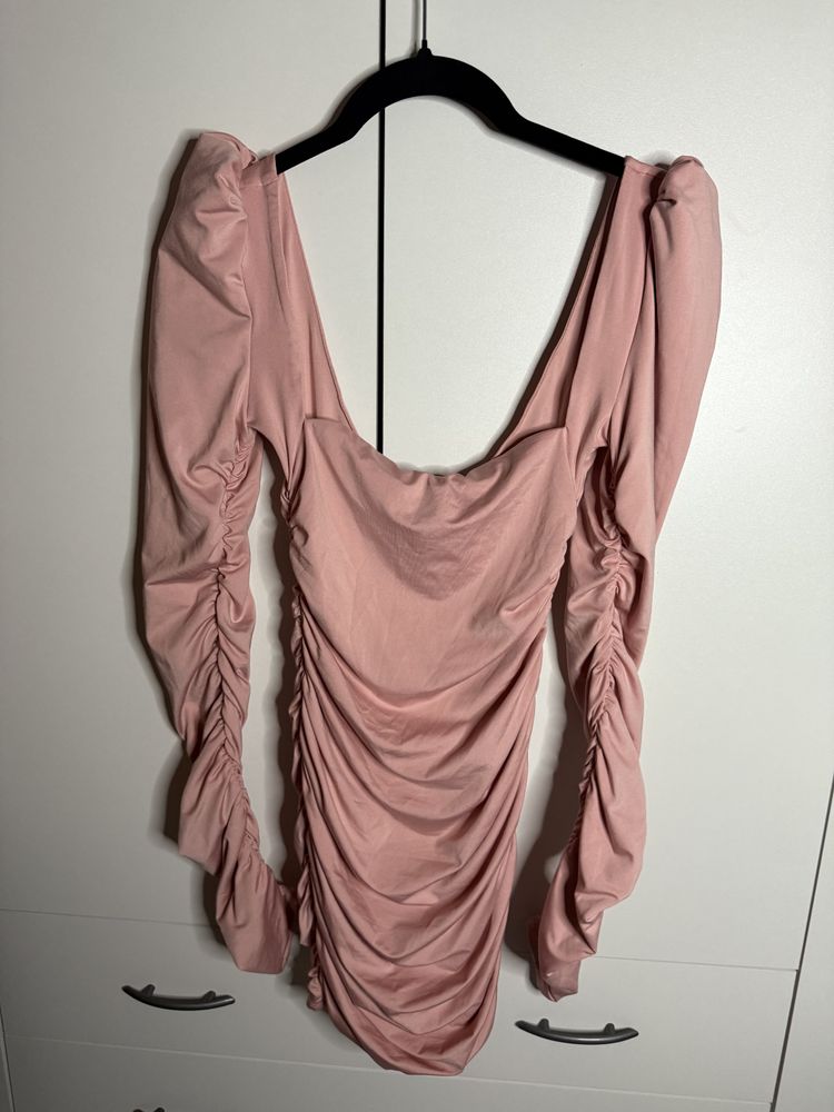 Pink Ruched Long Sleeve Dress