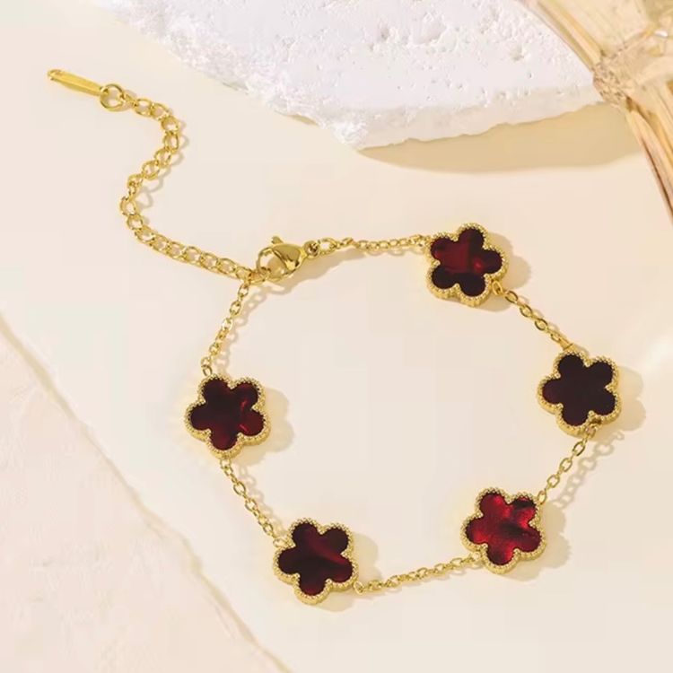 Gold Bracelet With Red Flower Charms image 1