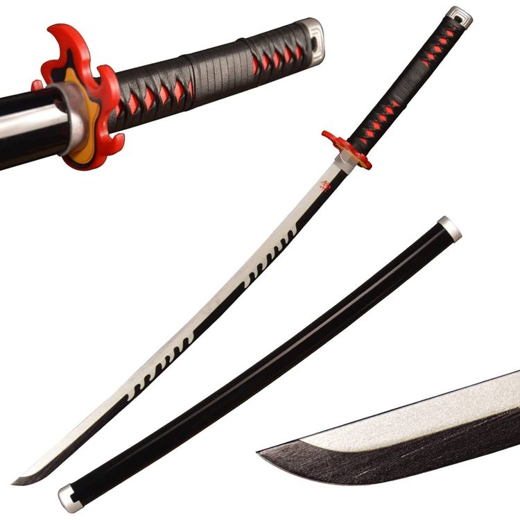 Demon Slayer Sword Tanjiro Rengoku Hilt Fire Breath Wooden Katana Cosplay Sword image 1