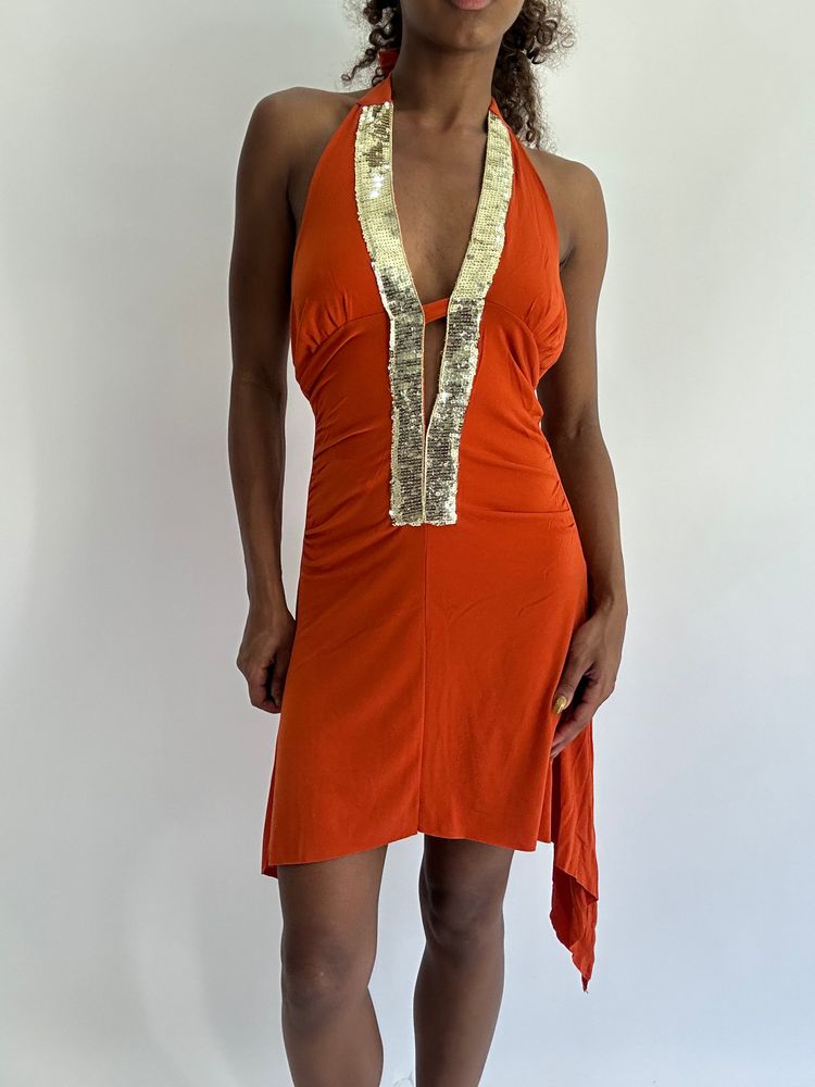 💻‼️| small orange halterneck sequin mini dress
