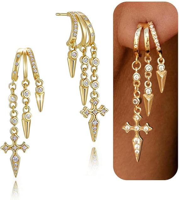 Gold Drop Dangle Earrings With Cross And Spike Charms