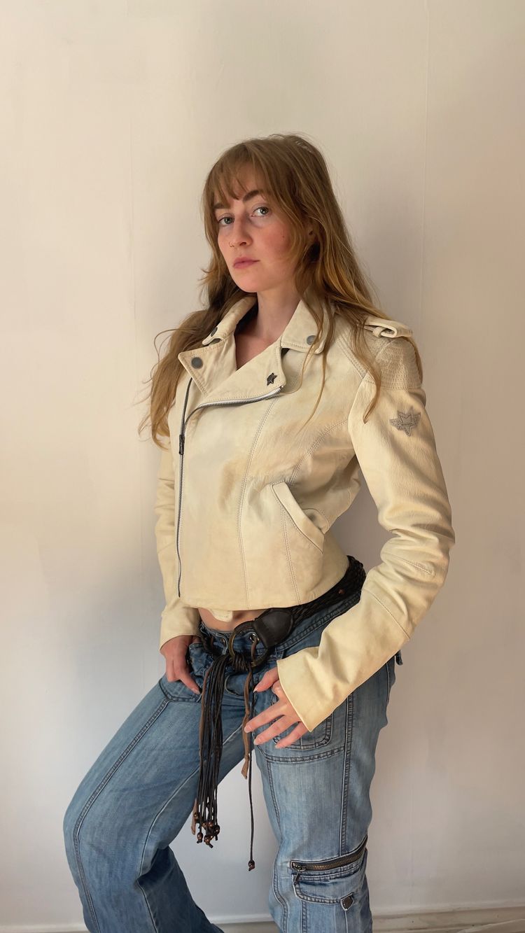 Cream Diesel Leather Biker Jacket image 1