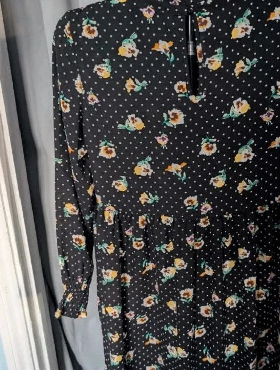 JDY Black Floral Polka Dot Smock Mini Dress UK 10 M imagen 10