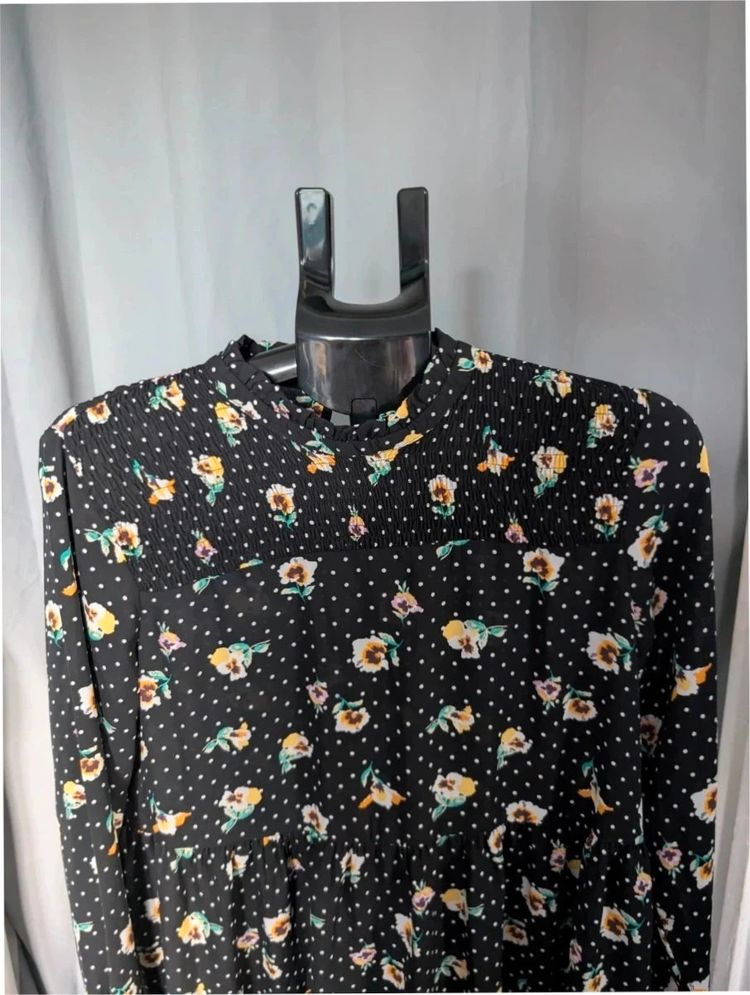 JDY Black Floral Polka Dot Smock Mini Dress UK 10 M imagen 4