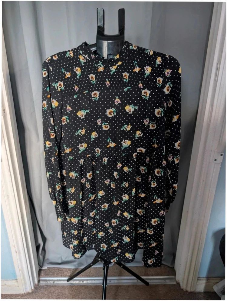 JDY Black Floral Polka Dot Smock Mini Dress UK 10 M obraz 1
