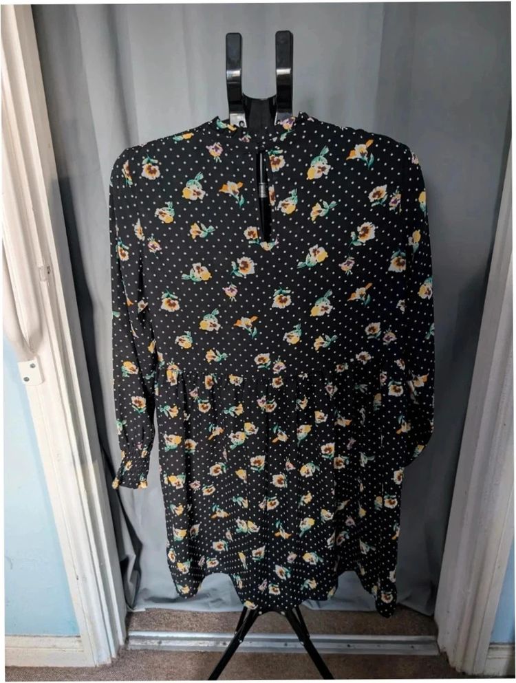 JDY Black Floral Polka Dot Smock Mini Dress UK 10 M imagen 2