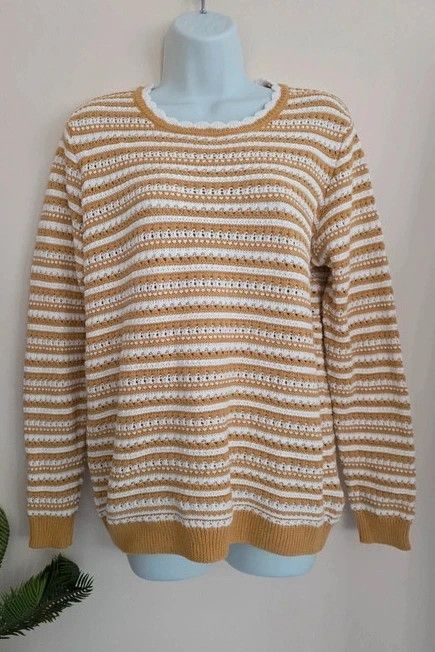 🌼 Isle Edinburgh Woollen Mill Mustard & White Striped 100% Cotton Pointelle Jumper Size M