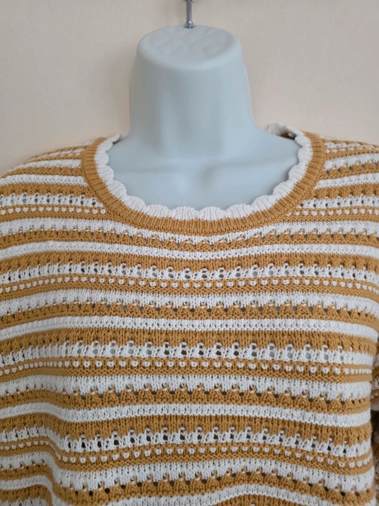 Immagine di 🌼 Isle Edinburgh Woollen Mill Mustard & White Striped 100% Cotton Pointelle Jumper Size M 2