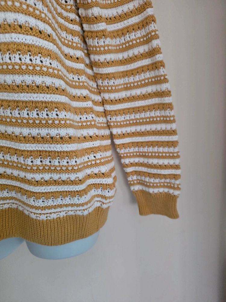 Immagine di 🌼 Isle Edinburgh Woollen Mill Mustard & White Striped 100% Cotton Pointelle Jumper Size M 3